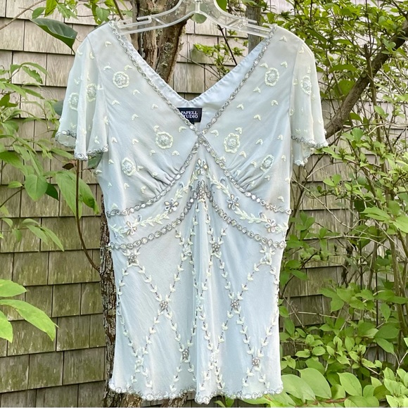 Adrianna Papell Silk Sequined Dressy Top.  Pale Green, Lined Size Large - Picture 11 of 15